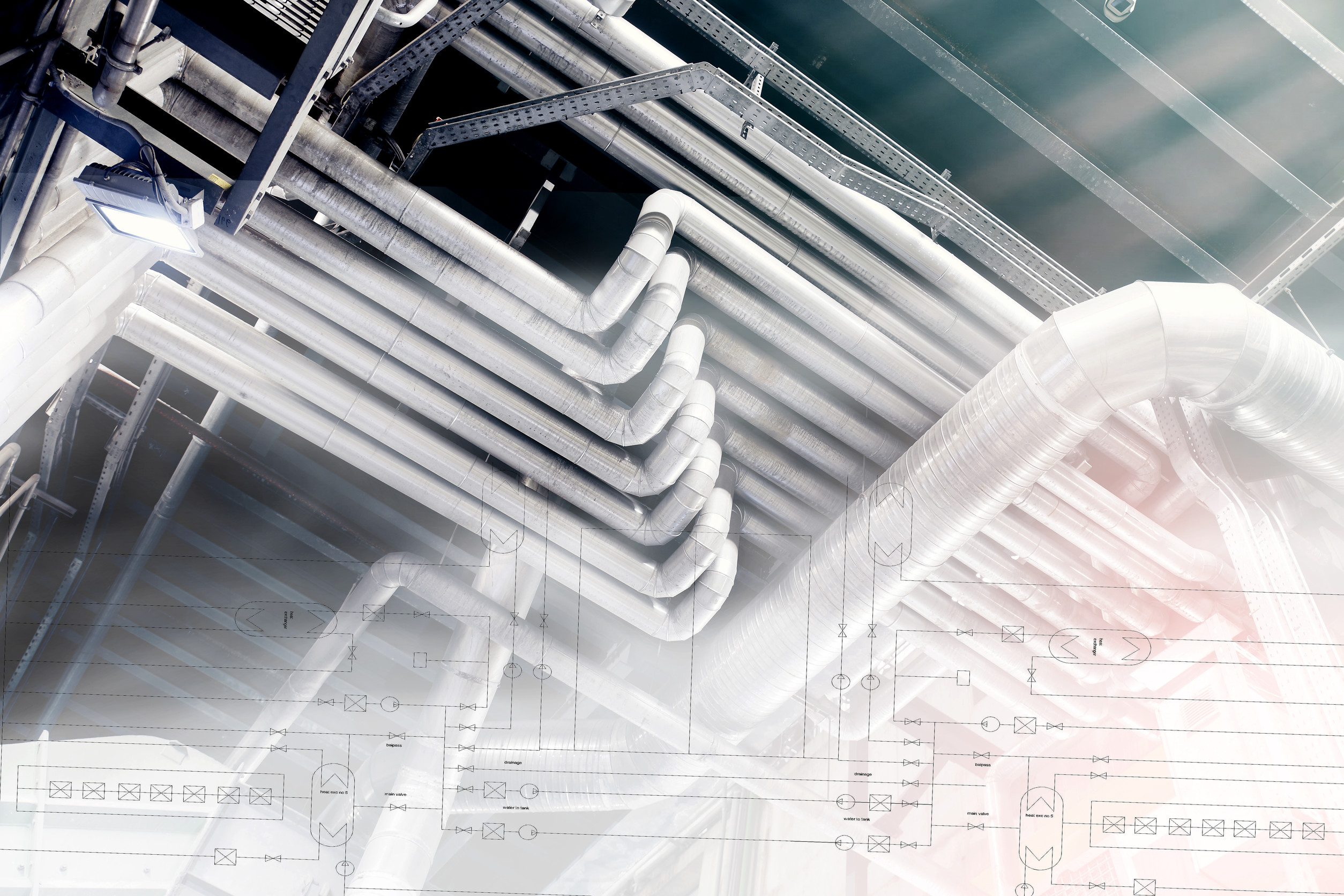 equipment, cables and piping acombined with process flow diagram Tuyauterie industrielle complexe, intérieur bâtiment.